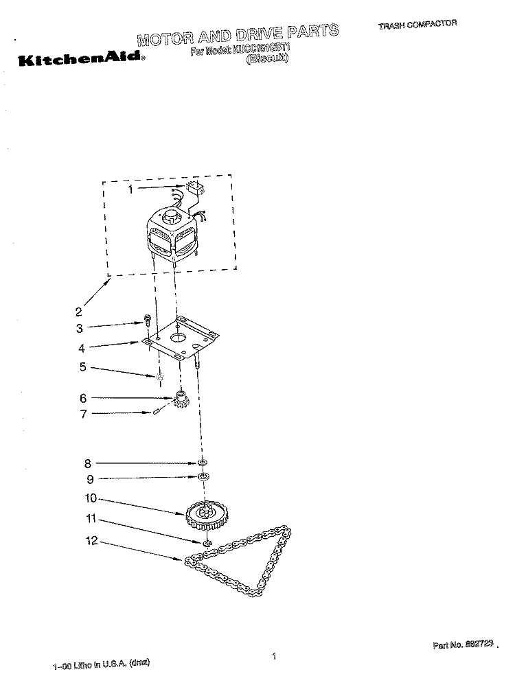 MOTOR AND DRIVE, LITERATURE Diagram and Parts List for KUCC151GBT1  KitchenAid Trash Compactor