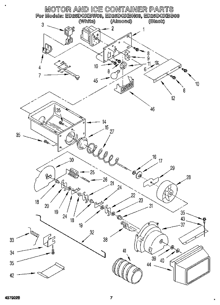 MOTOR AND ICE CONTAINER Diagram and Parts List for ED25DQXBN00  Whirlpool Refrigerator
