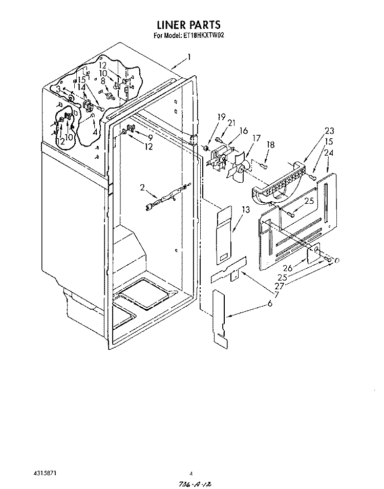 LINER Diagram and Parts List for ET18HKXTF02  Whirlpool Refrigerator