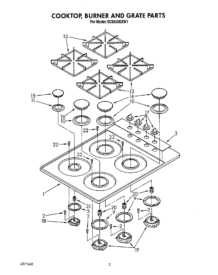 COOKTOP, BURNER AND GRATE Diagram and Parts List for SC8630EXB1  Whirlpool Cooktop