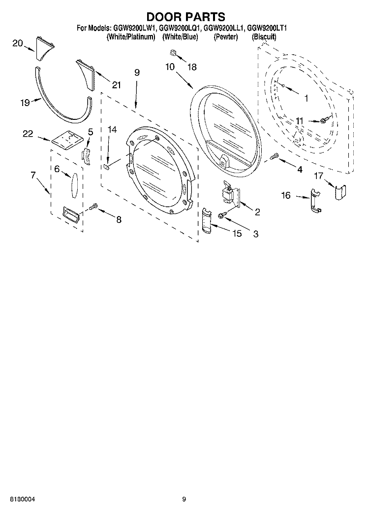 DOOR PARTS Diagram and Parts List for GGW9200LQ1  Whirlpool Dryer