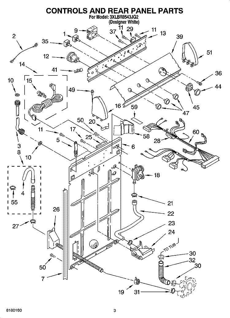 CONTROLS AND REAR PANEL PARTS Diagram and Parts List for 3XLBR8543JQ2  Whirlpool Washer