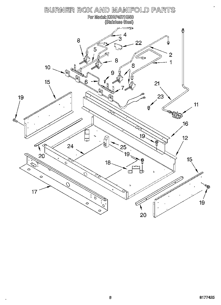 BURNER BOX AND MANIFOLD Diagram and Parts List for KDRP407HSS0  KitchenAid Range