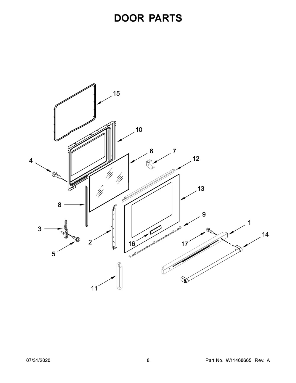 Door Parts Diagram and Parts List for YKFEG500EWH4  Whirlpool Range