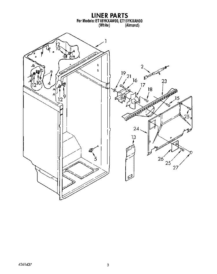 LINER Diagram and Parts List for ET18YKXAW00  Whirlpool Refrigerator