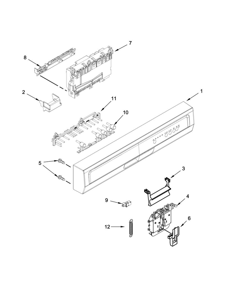 Control Panel And Latch Parts Diagram and Parts List for WDP340PAFW0  Whirlpool Dishwasher