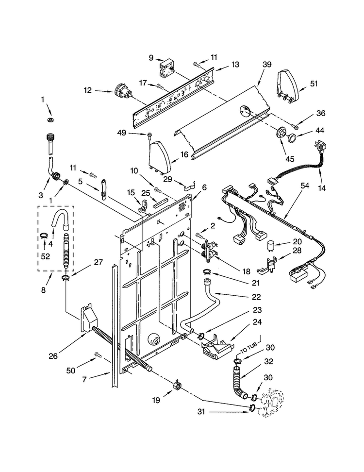 Controls/rear Panel Diagram and Parts List for LBR4121JQ2  Whirlpool Washer