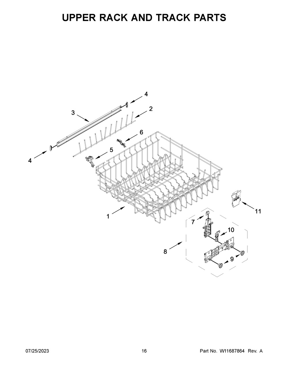 Upper Rack And Track Parts Diagram and Parts List for WDT730HAMZ1  Whirlpool Dishwasher