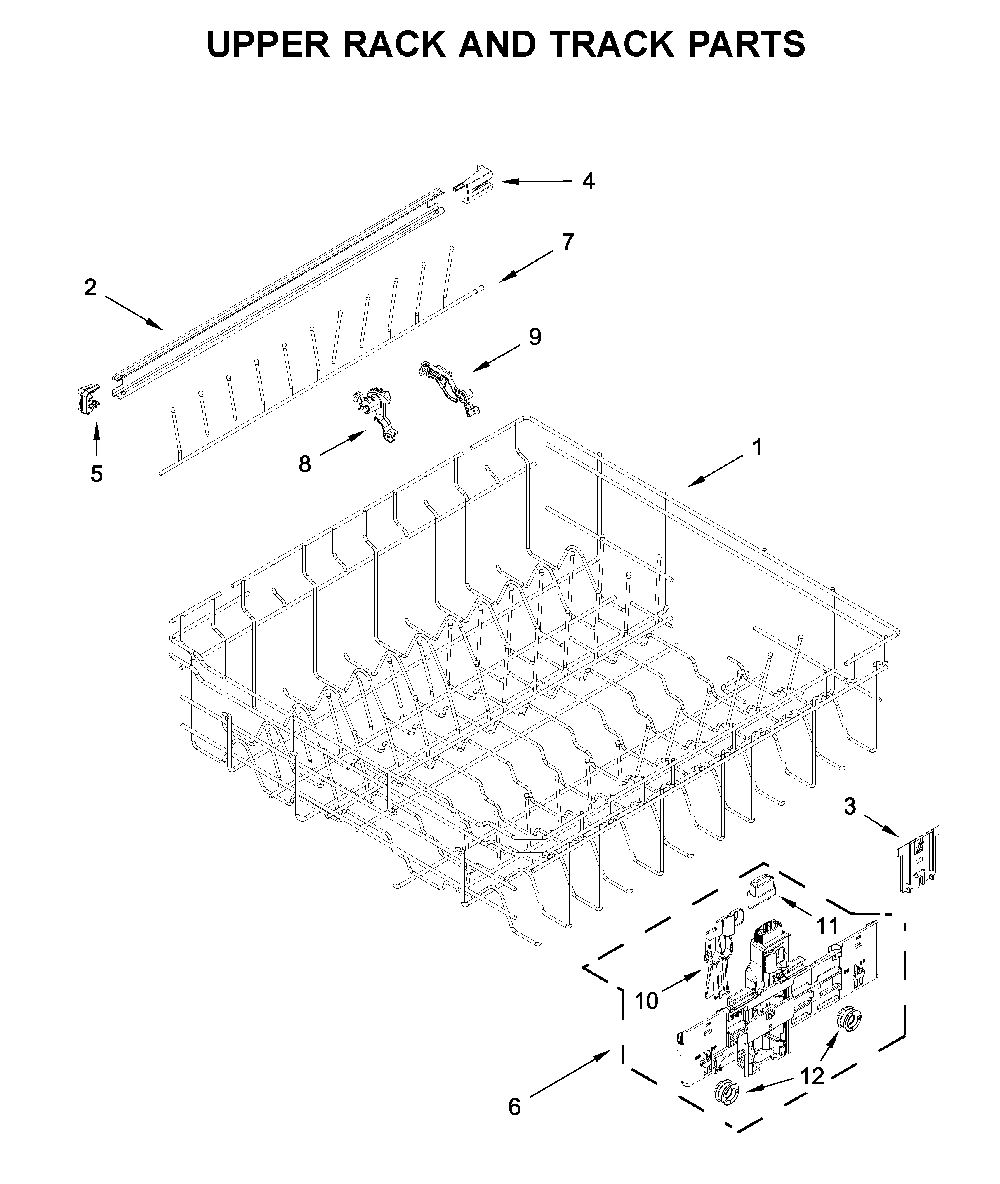 Upper rack and track parts Diagram and Parts List for WDTA80SAKZ0  Whirlpool Dishwasher