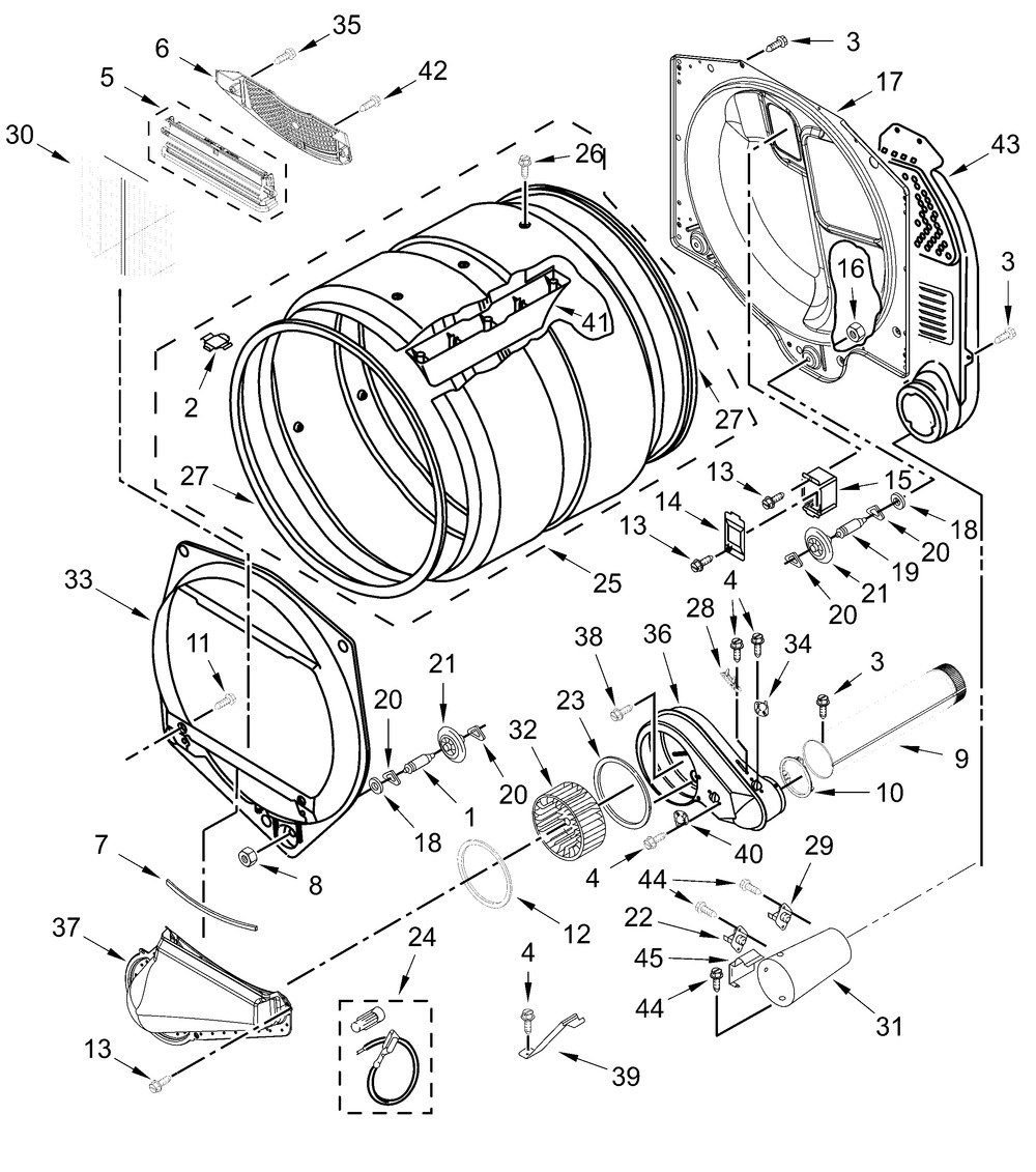 Upper And Lower Bulkhead Parts Diagram and Parts List for MLG27PDFGW0  Whirlpool Dryer