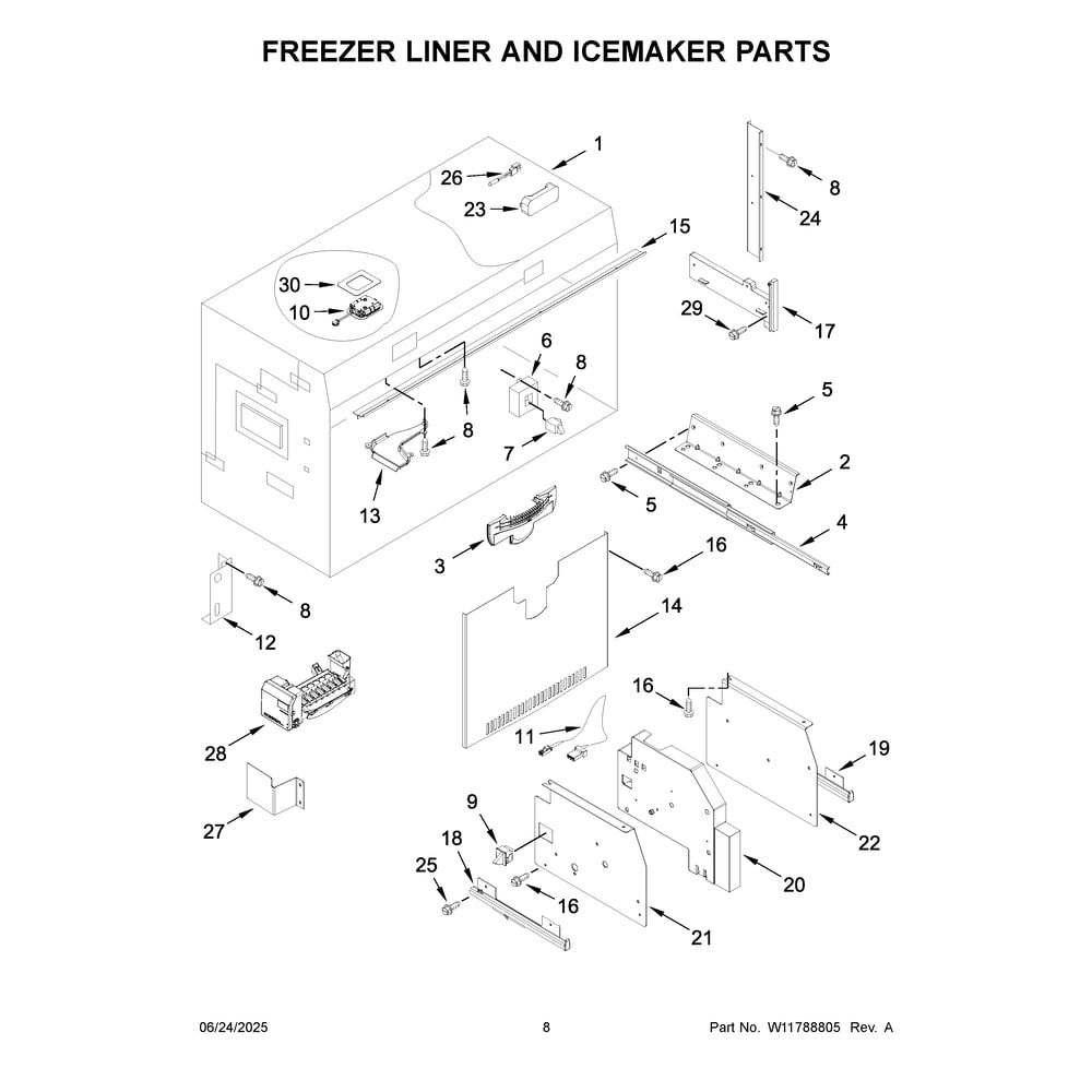 Freezer Liner And Icemaker Parts Diagram and Parts List for KBFN502EBS06  KitchenAid Refrigerator