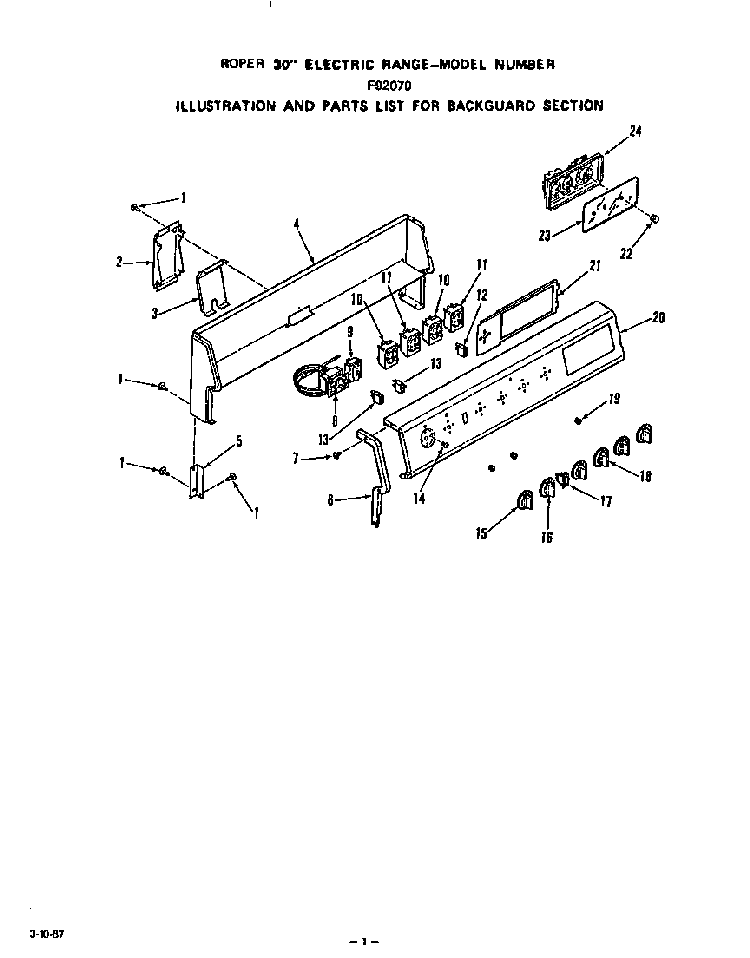Backguard Diagram and Parts List for F9027*0  Roper Range