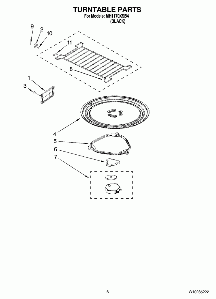TURNTABLE PARTS Diagram and Parts List for MH1170XSB4  Whirlpool Microwave