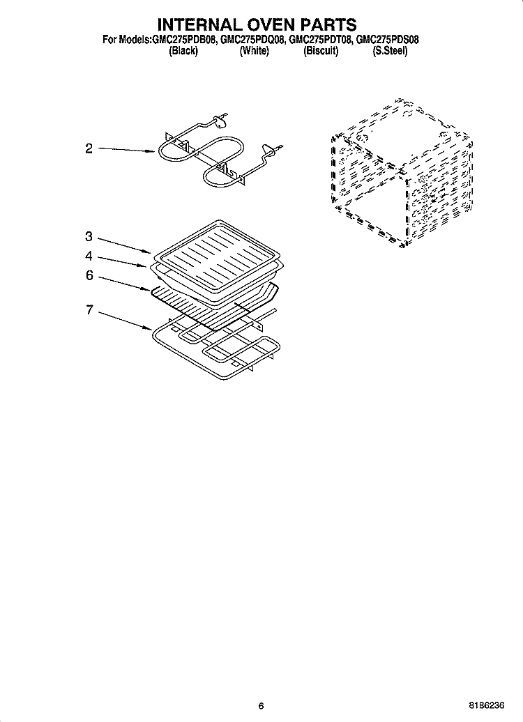 INTERNAL OVEN PARTS Diagram and Parts List for GMC275PDS08  Whirlpool Microwave Oven Combo