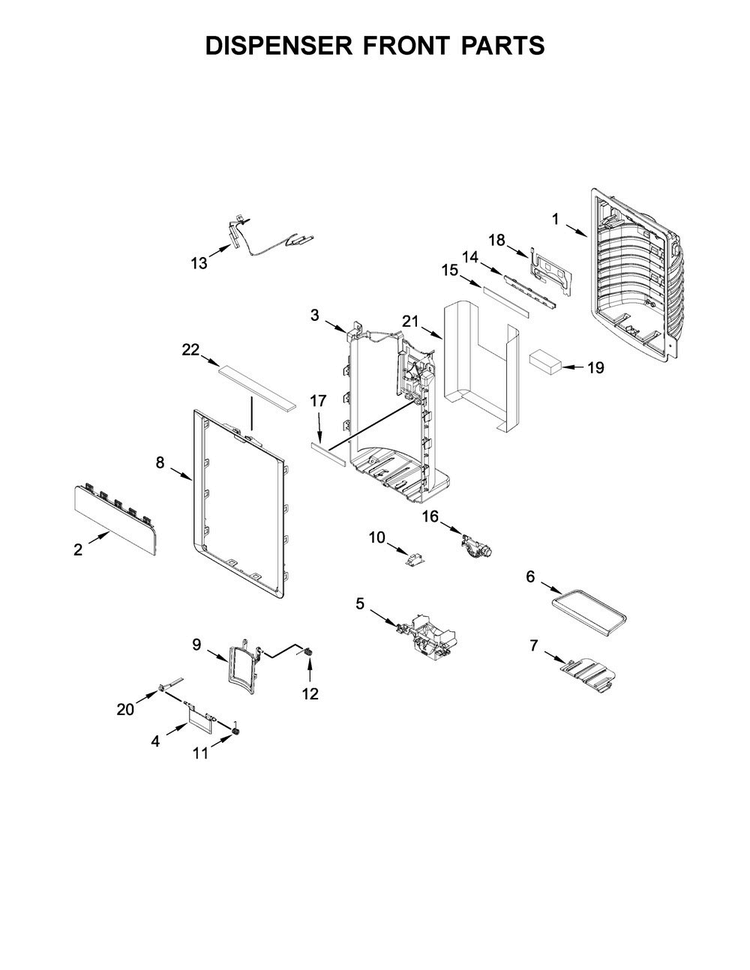 Dispenser Front Parts Diagram and Parts List for WRF954CIHM00  Whirlpool Refrigerator