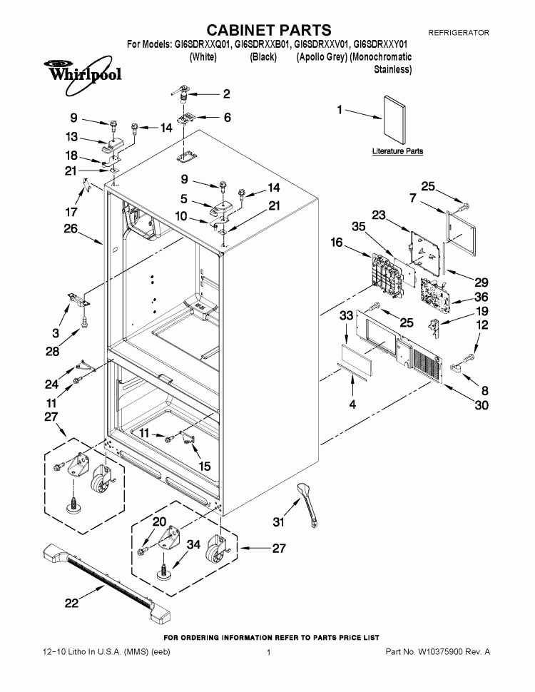 CABINET PARTS Diagram and Parts List for GI6SDRXXB02  Whirlpool Refrigerator