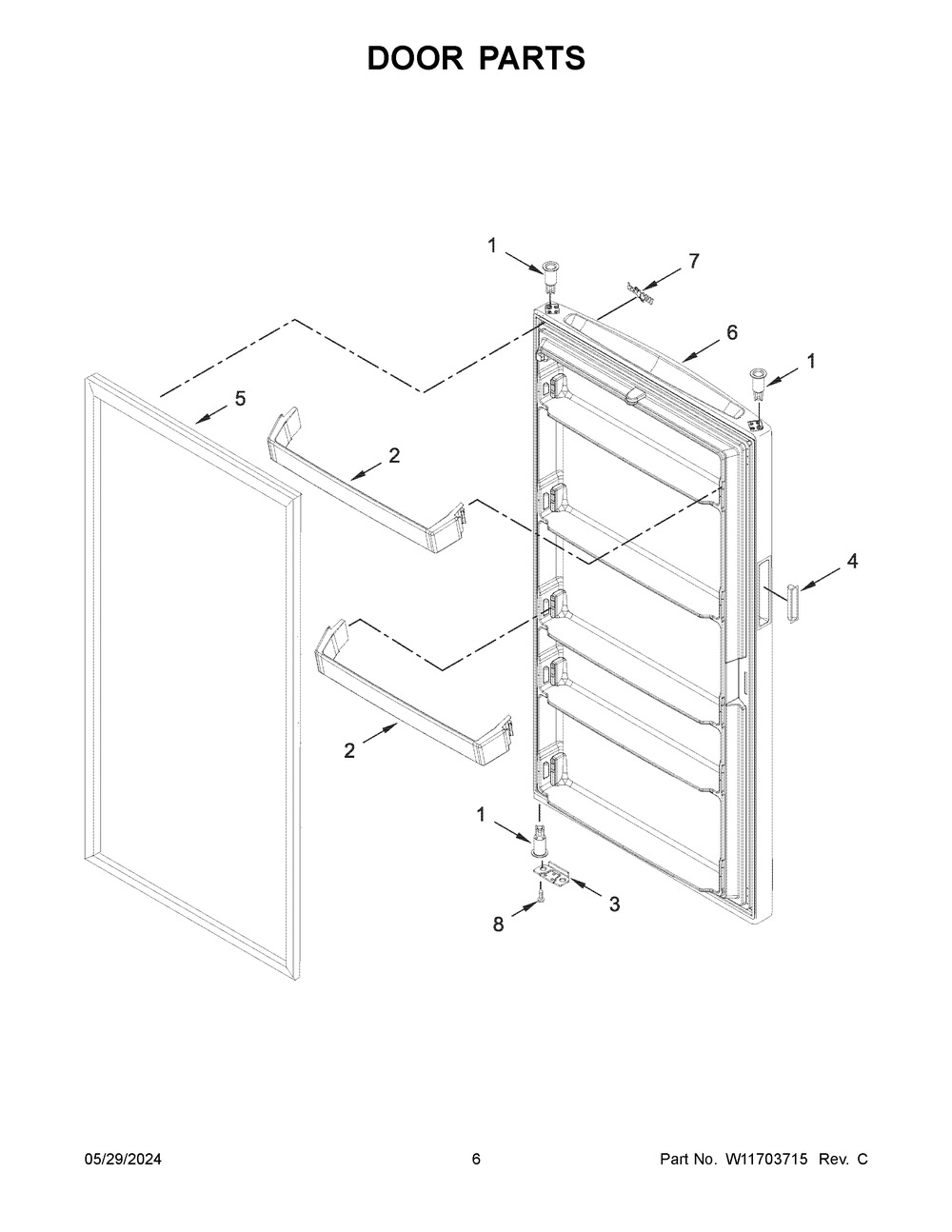 Door Parts Diagram and Parts List for WZF34X16DW10  Whirlpool Freezer
