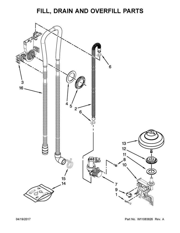 Fill, Drain And Overfill Parts Diagram and Parts List for KDTE204EPA4  KitchenAid Dishwasher