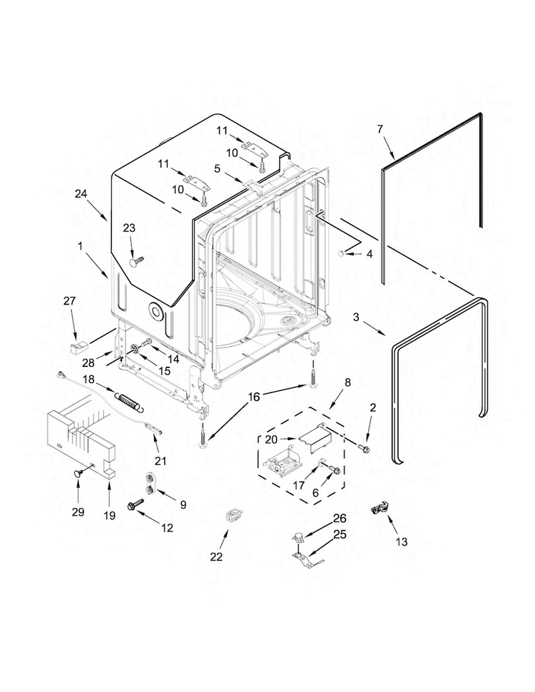 Tub And Frame Parts Diagram and Parts List for KDFE104DWH2  KitchenAid Dishwasher