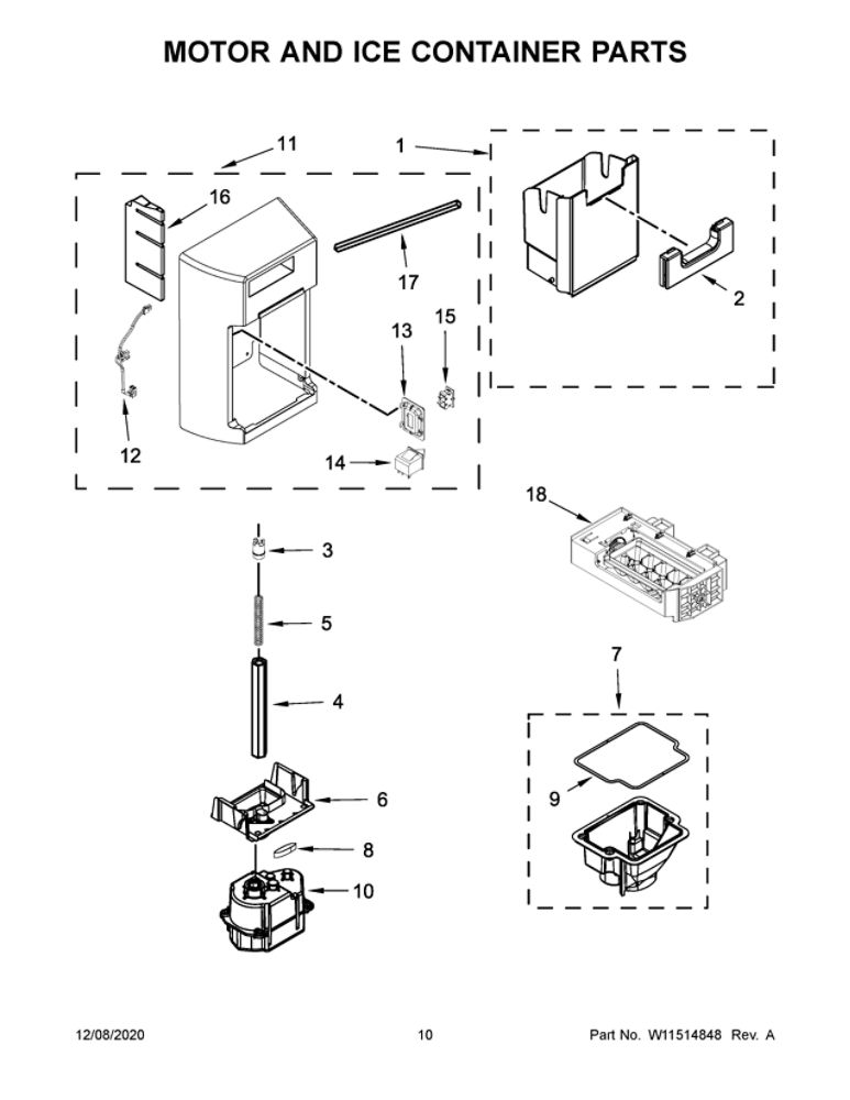 Motor And Ice Container Parts Diagram and Parts List for WRS970CIHZ01  Whirlpool Refrigerator
