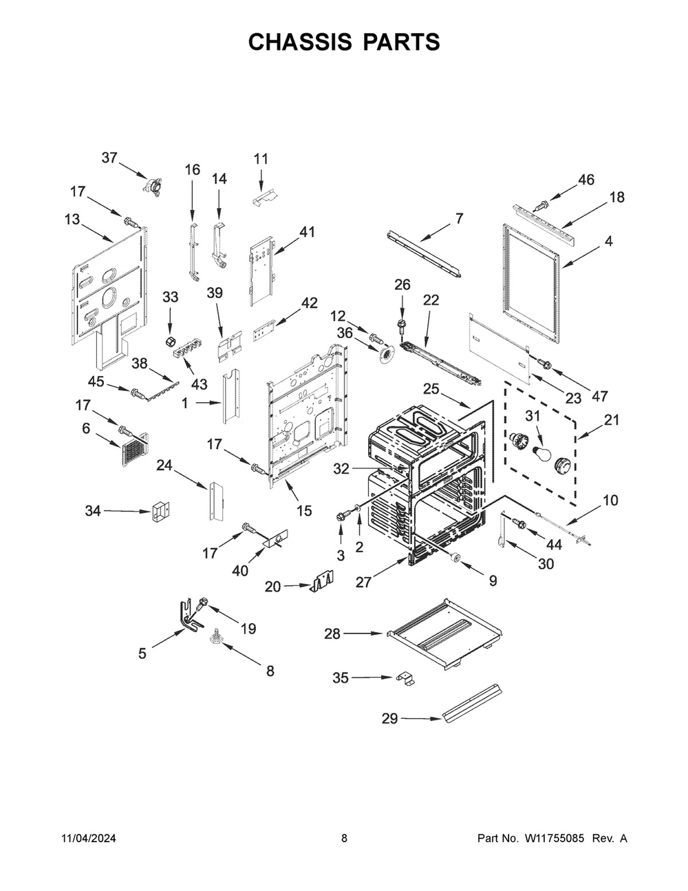 05 - Chassis Parts Diagram and Parts List for KFDD500ESS12  Whirlpool Range
