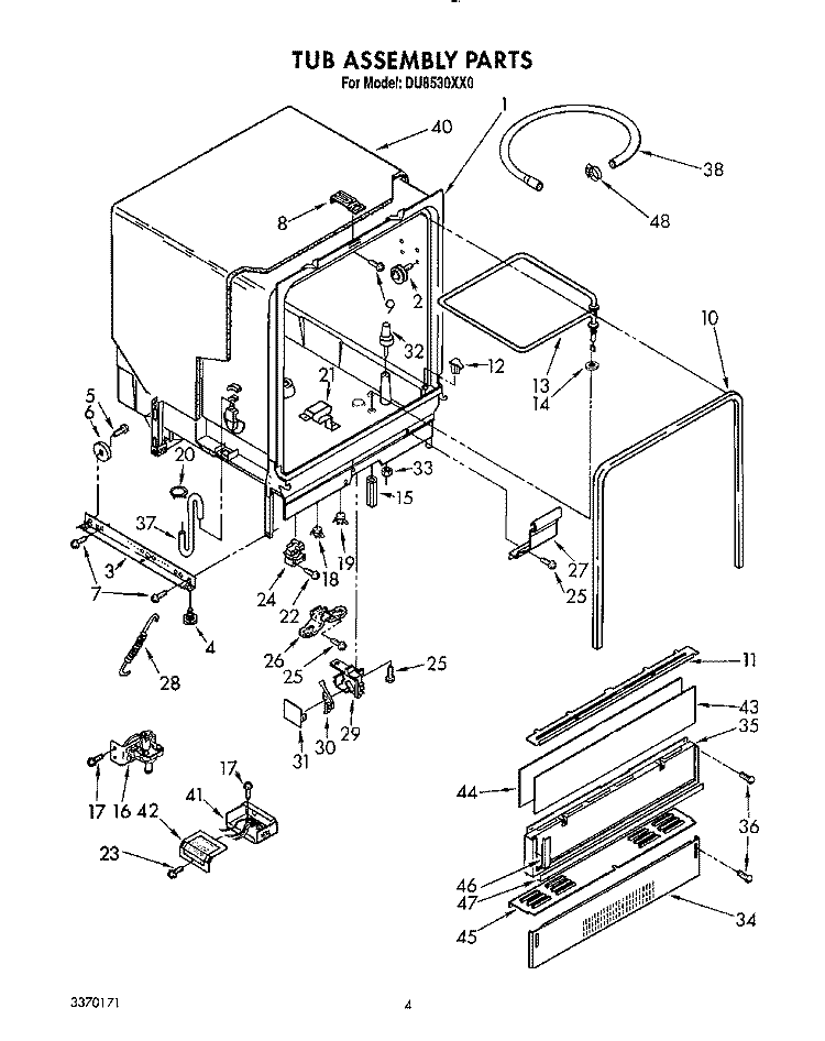 TUB ASSEMBLY Diagram and Parts List for DU8530XX0  Whirlpool Dishwasher