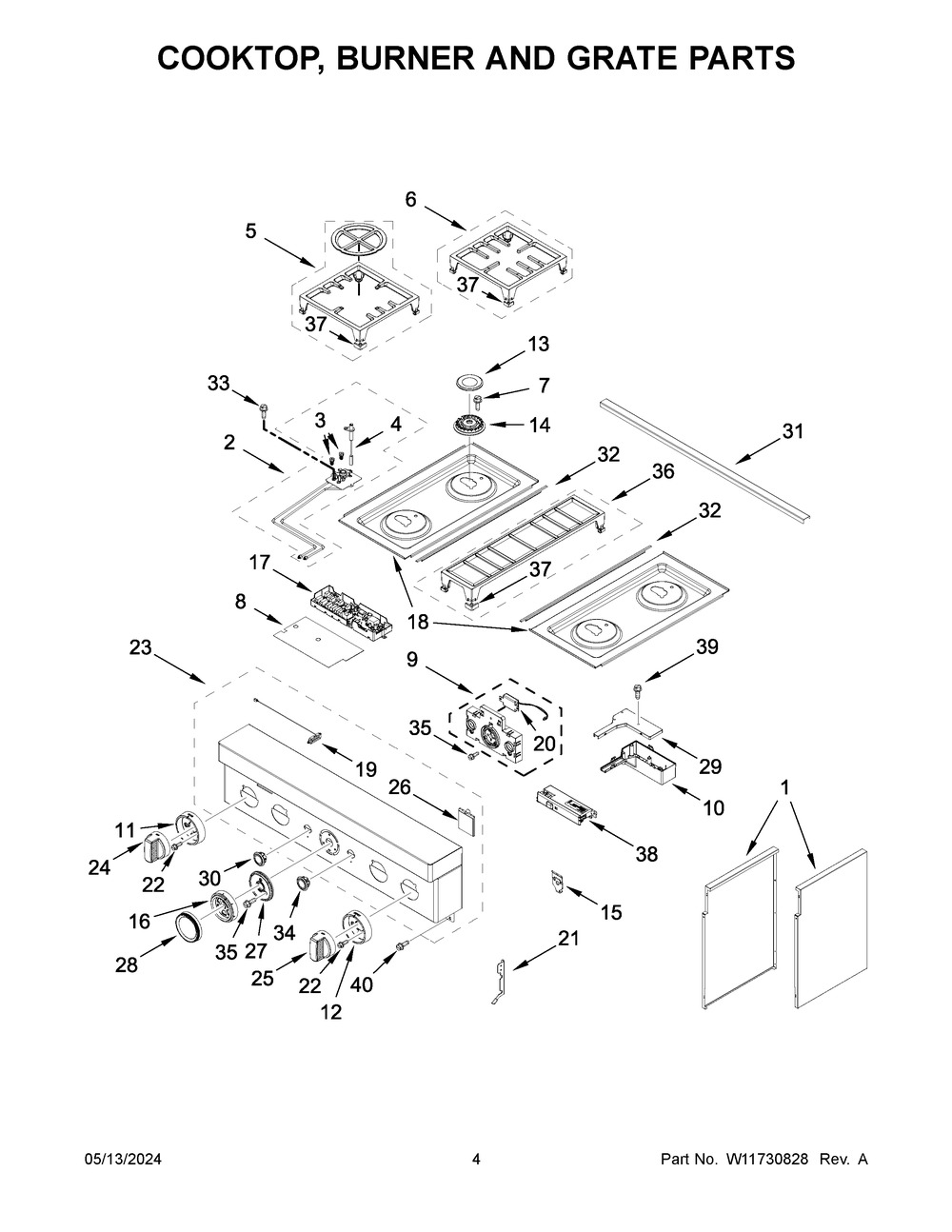 Cooktop, Burner And Grate Parts Diagram and Parts List for KFDC500JSS03  KitchenAid Range