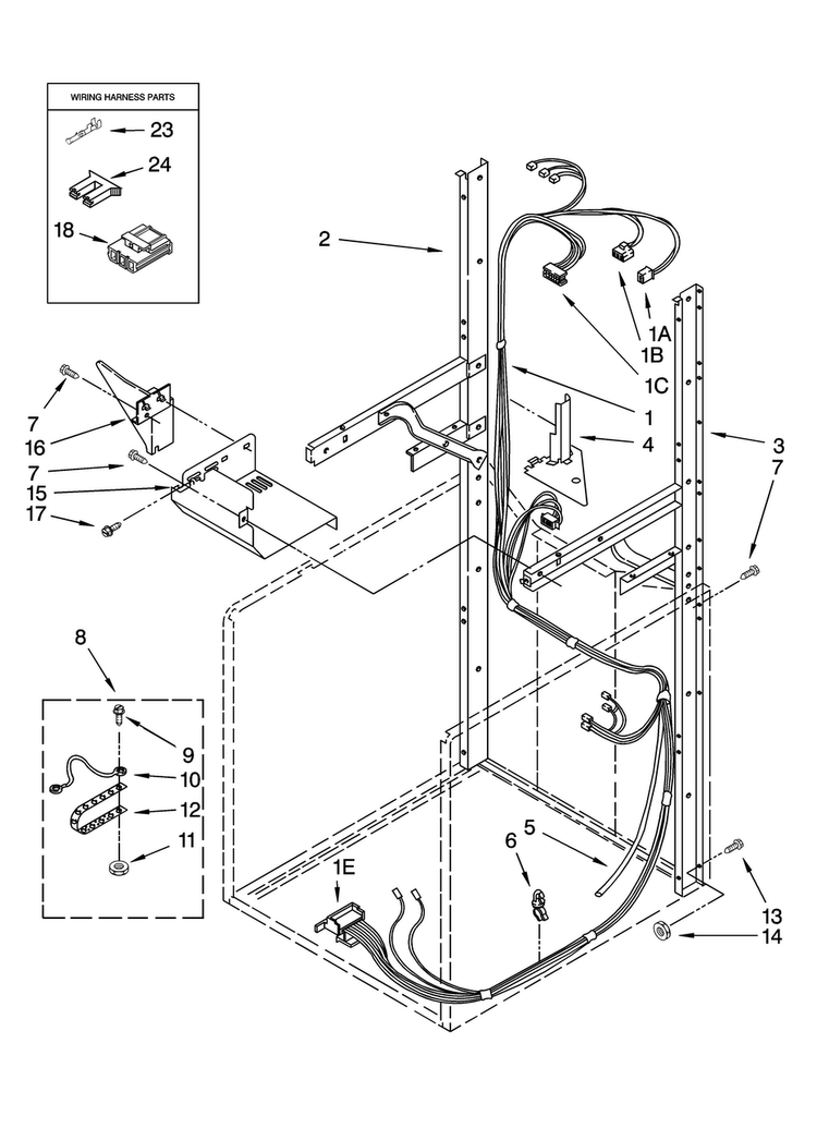 Dryer Support And Washer Harness Parts Diagram and Parts List for 11087842700  Kenmore Washer Dryer Combo