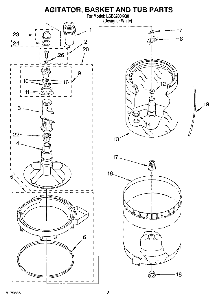 AGITATOR, BASKET AND TUB Diagram and Parts List for LSB6200KQ0  Whirlpool Washer