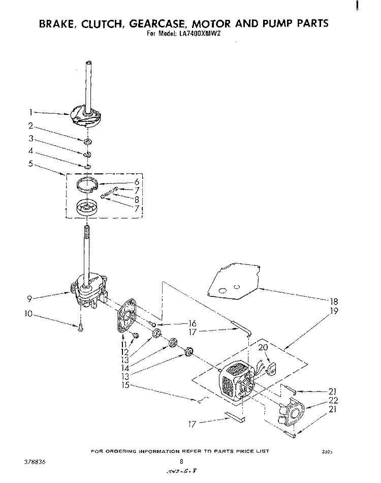 BRAKE, CLUTCH, GEARCASE, MOTOR AND PUMP Diagram and Parts List for LA7400XMW2  Whirlpool Washer