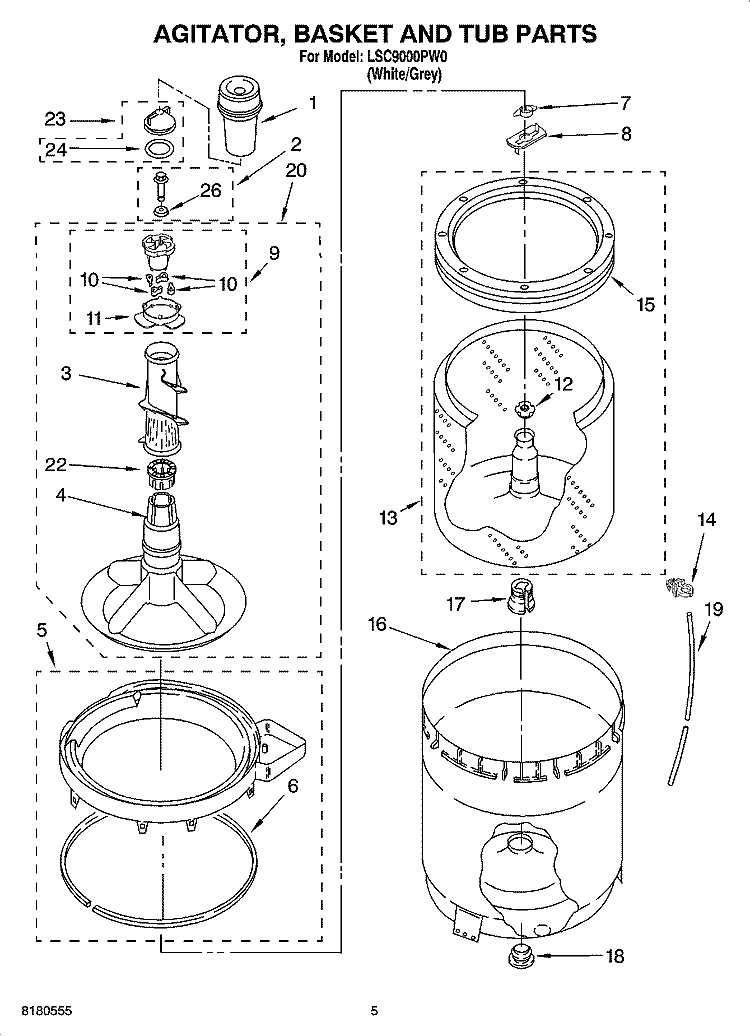 AGITATOR, BASKET AND TUB PARTS Diagram and Parts List for LSC9000PW0  Whirlpool Washer