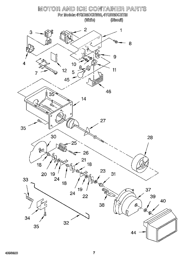 MOTOR AND ICE CONTAINER Diagram and Parts List for 4YGD25DCHW00  Whirlpool Refrigerator