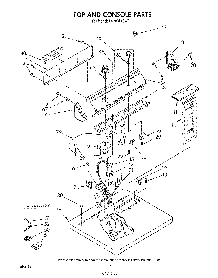 TOP AND CONSOLE , LITERATURE AND OPTIONAL Diagram and Parts List for LG7801XSW0  Whirlpool Dryer