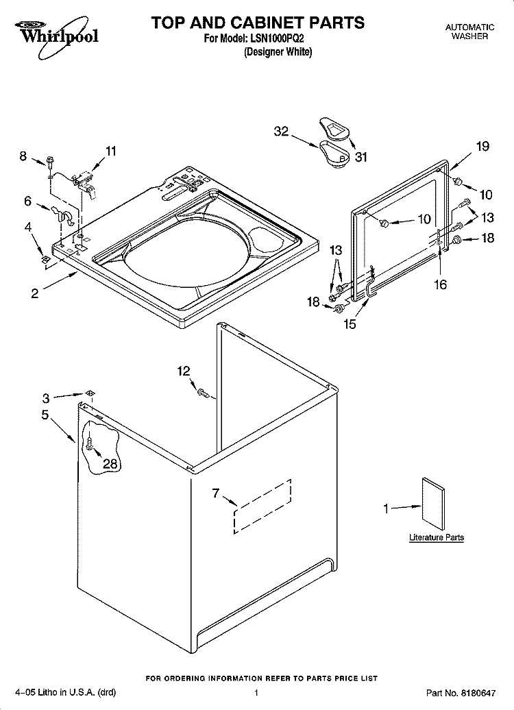 TOP AND CABINET PARTS Diagram and Parts List for LSN1000PQ2  Whirlpool Washer