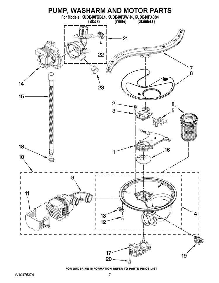 PUMP, WASHARM AND MOTOR PARTS Diagram and Parts List for KUDE48FXBL4  KitchenAid Dishwasher