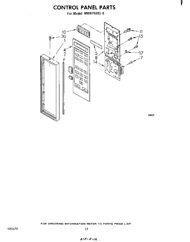CONTROL PANEL Diagram and Parts List for MW8750XL0  Whirlpool Microwave