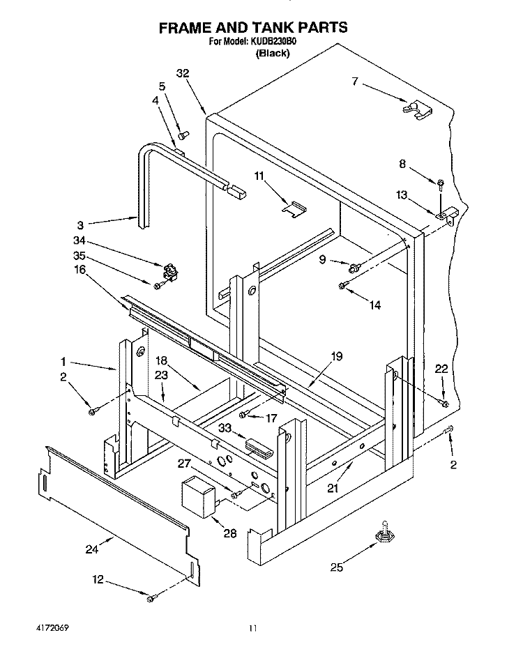 FRAME AND TANK Diagram and Parts List for KUDB230B0  KitchenAid Dishwasher