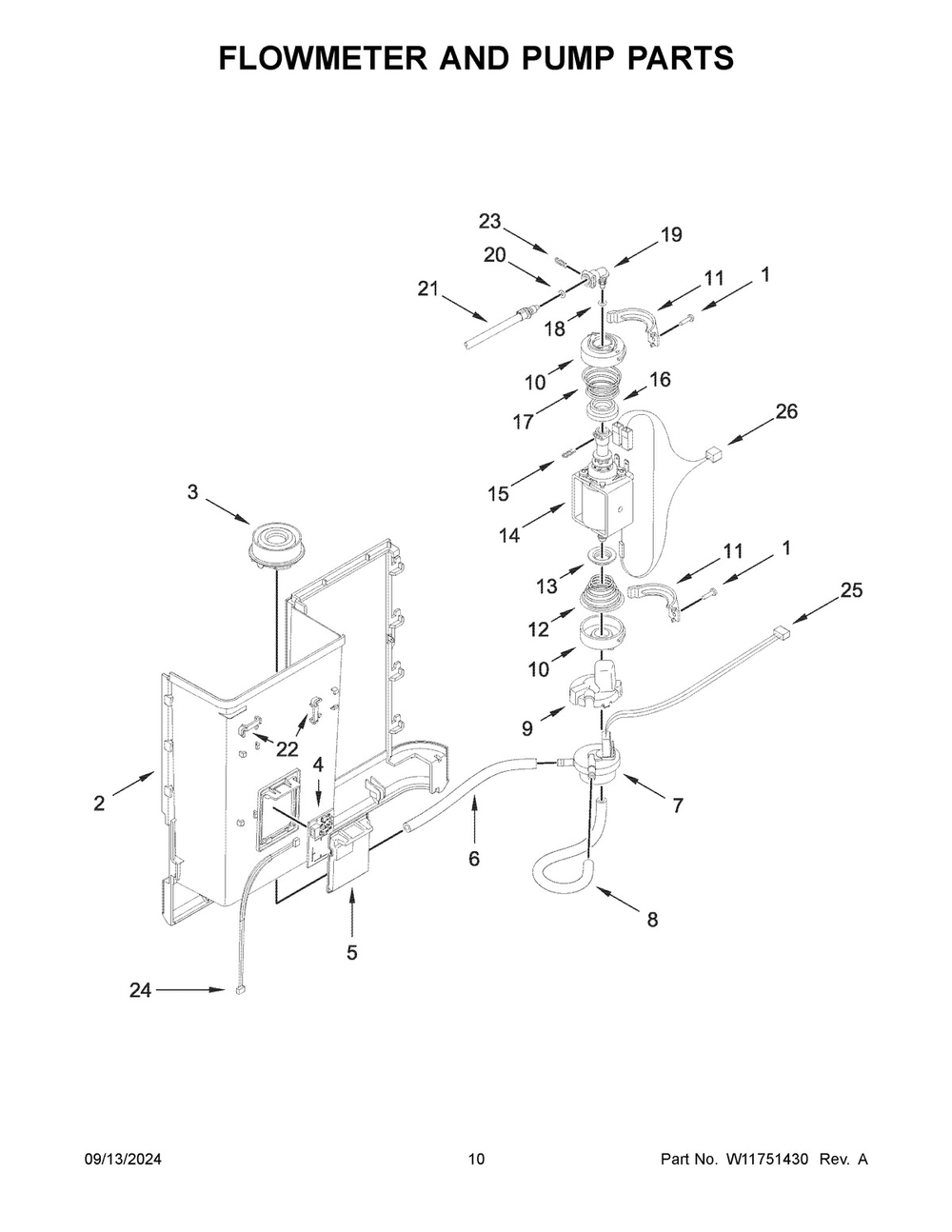 06 - Flowmeter And Pump Parts Diagram and Parts List for KES8558PL0  Whirlpool Espresso Machine