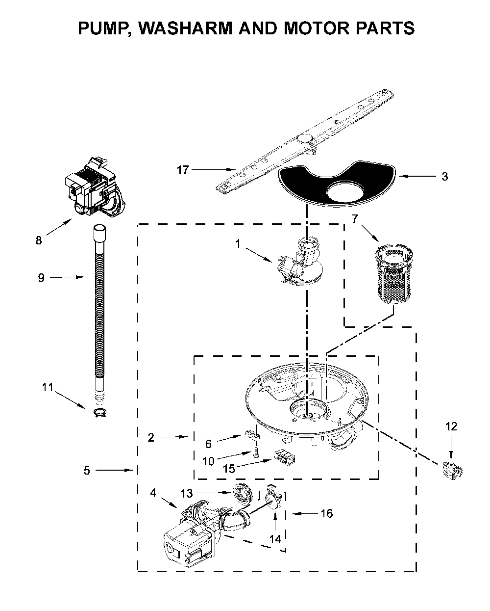 Pump, washarm and motor parts Diagram and Parts List for WDF330PAHW4  Whirlpool Dishwasher