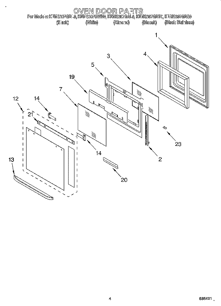 OVEN DOOR Diagram and Parts List for KEMS307GBS0  KitchenAid Microwave Oven Combo