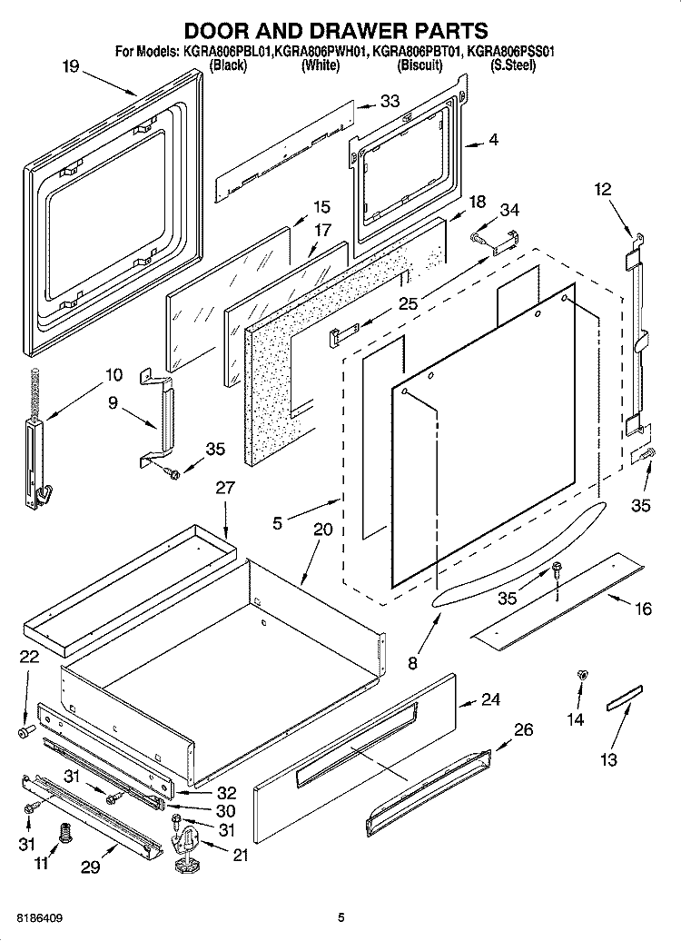 DOOR AND DRAWER PARTS Diagram and Parts List for KGRA806PSS01  KitchenAid Range
