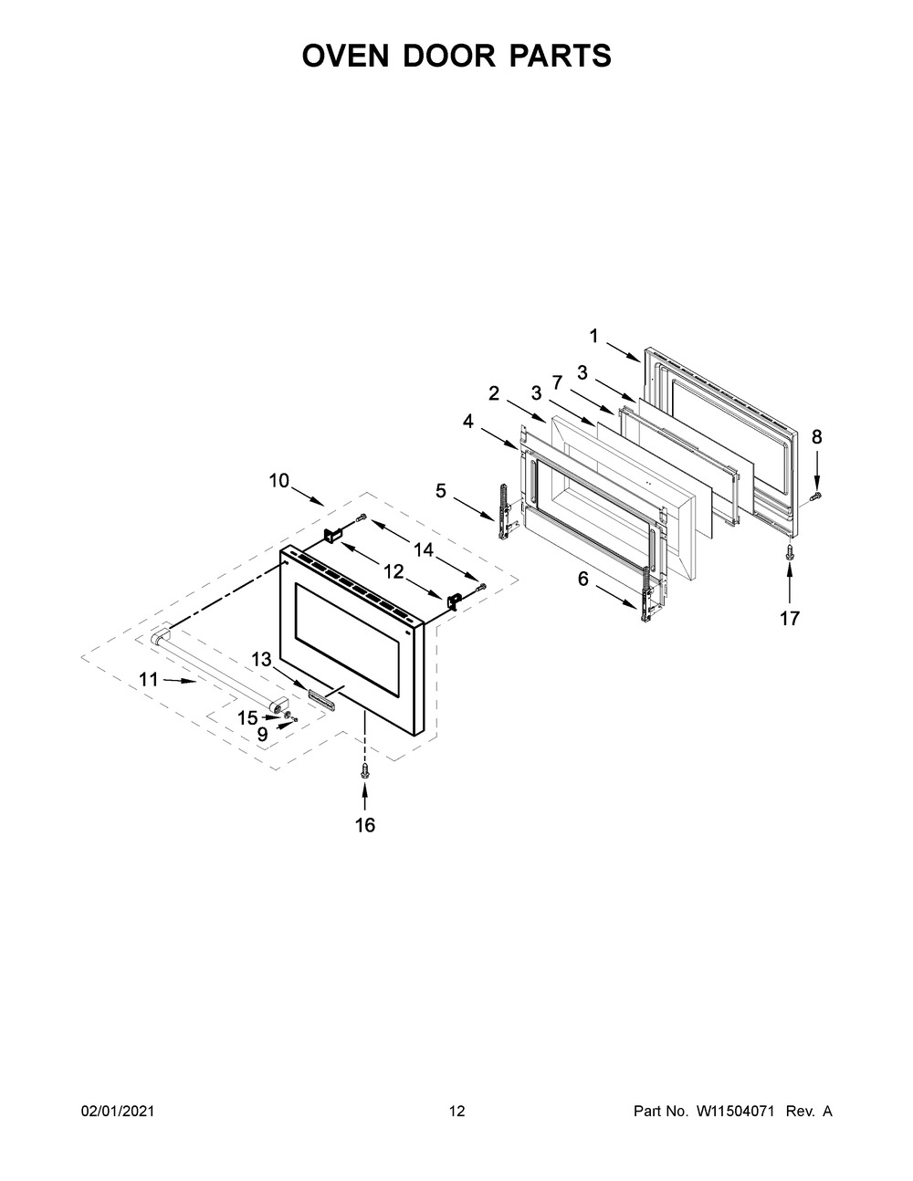 Oven Door Parts Diagram and Parts List for KFDC506JSS01  Whirlpool Range