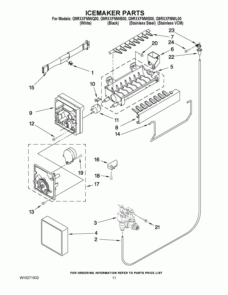 ICEMAKER PARTS Diagram and Parts List for G9RXXFMWQ00  Whirlpool Refrigerator