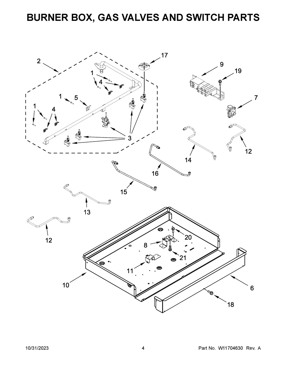 Burner Box, Gas Valves And Switch Parts Diagram and Parts List for KCGS556ESS06  KitchenAid Cooktop