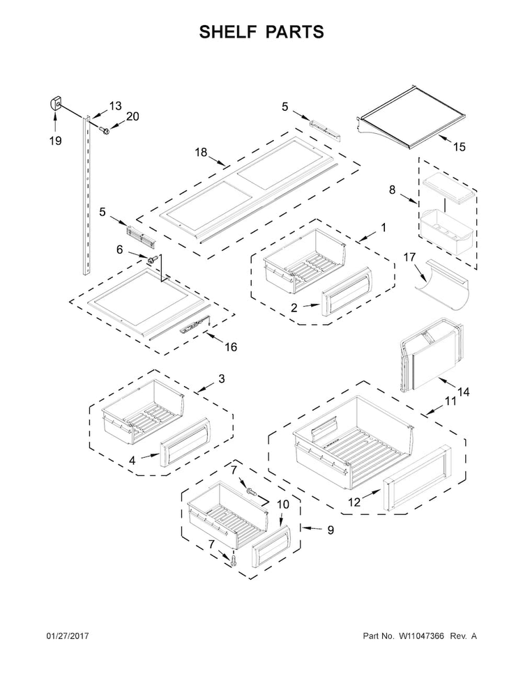 Shelf Parts Diagram and Parts List for KBBR306ESS01  KitchenAid Refrigerator