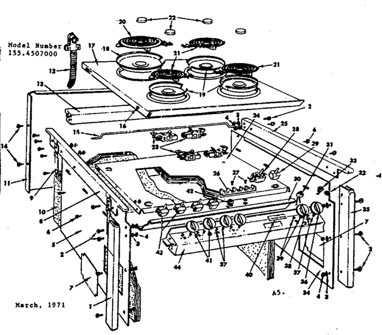 Top Section And Outer Body Parts Diagram and Parts List for 1554507000  Kenmore Range