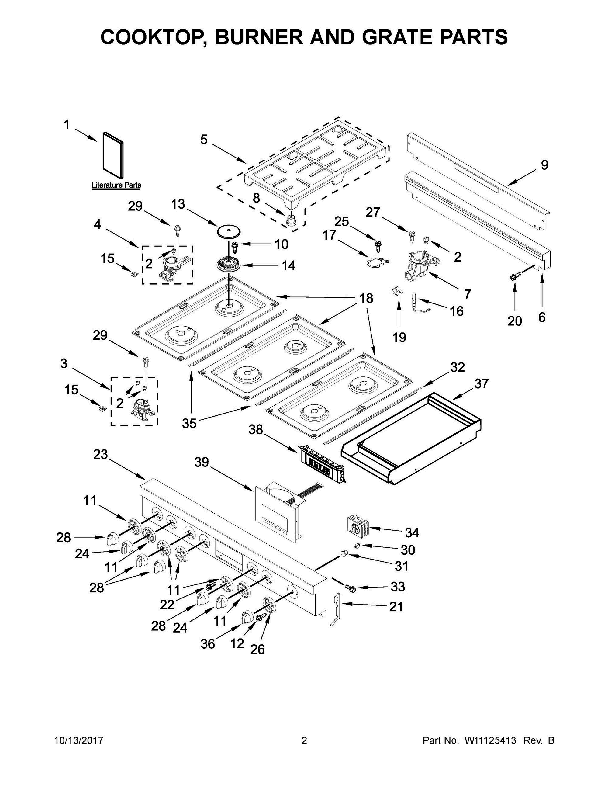 02 - COOKTOP, BURNER AND GRATE PARTS Diagram and Parts List for JGRP548WP02  Whirlpool Range