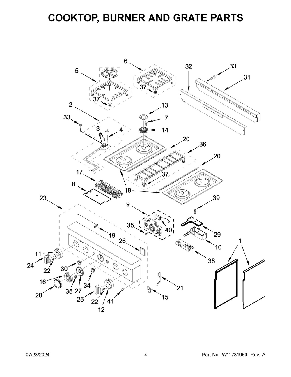 03 - Cooktop, Burner And Grate Parts Diagram and Parts List for KFGC500JMB07  Whirlpool Range