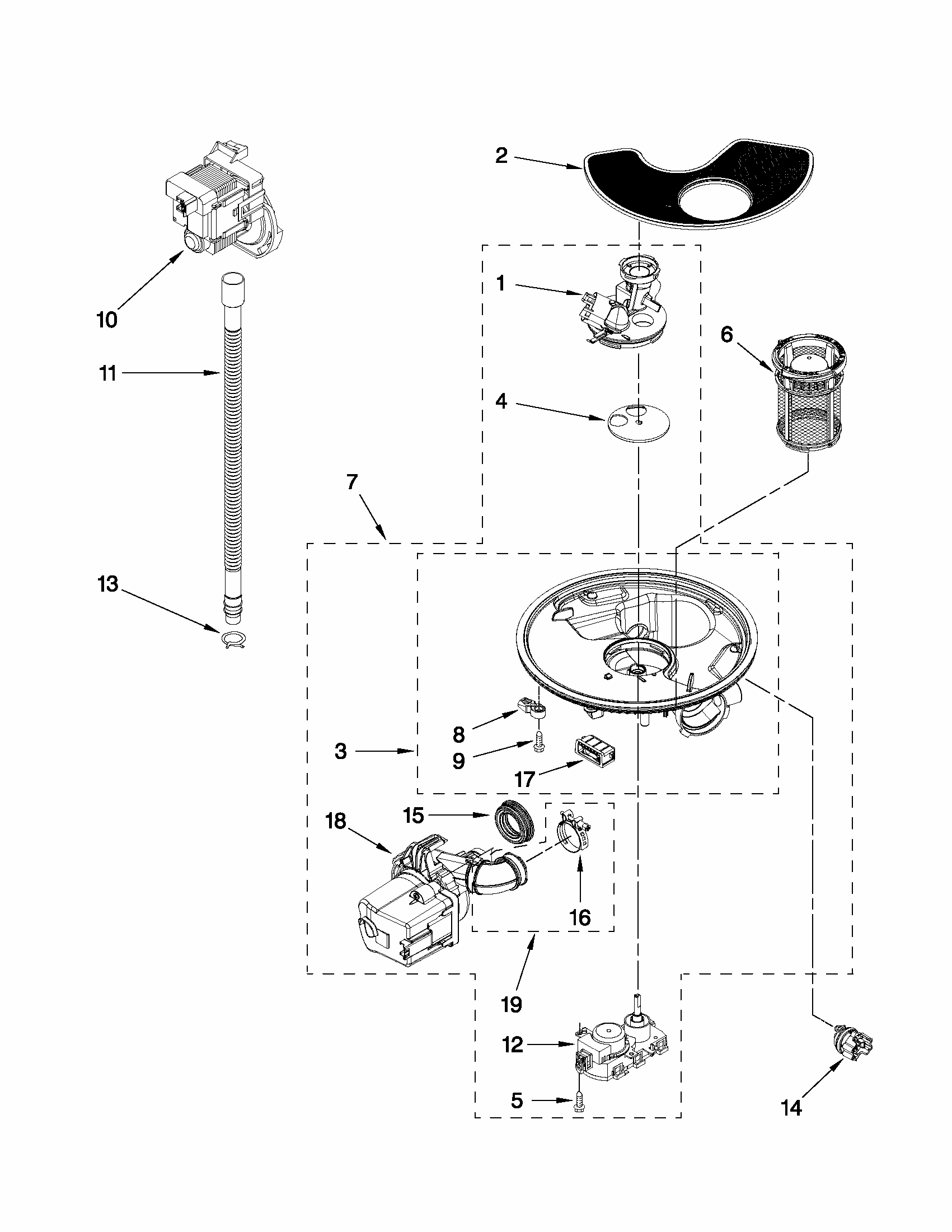 Pump, Washarm And Motor Parts Diagram and Parts List for 66513044K113  Kenmore Dishwasher
