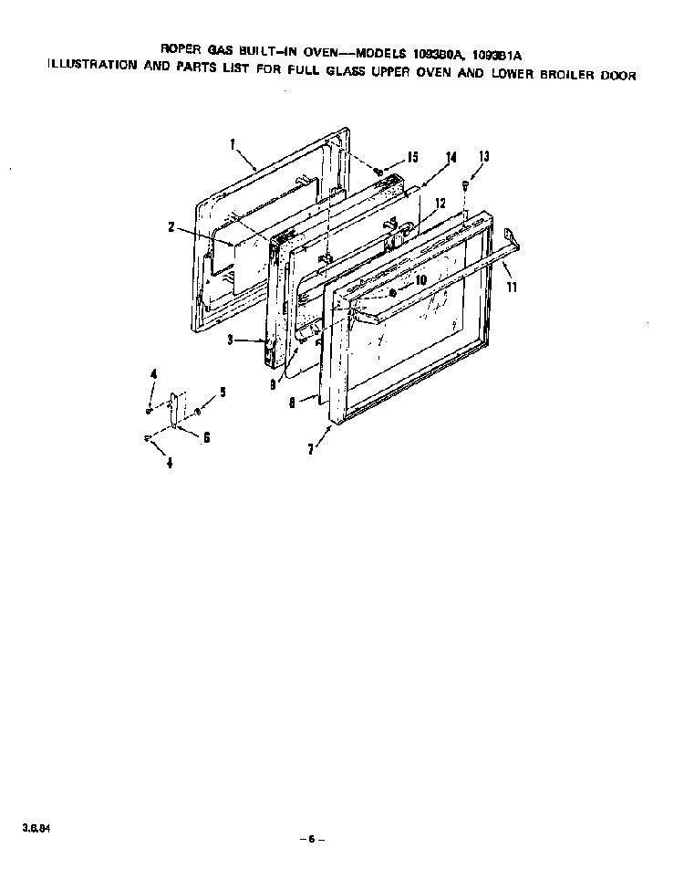Full Glass Upper Oven And Lower Broiler Diagram and Parts List for 1093B1A  Roper Wall Oven